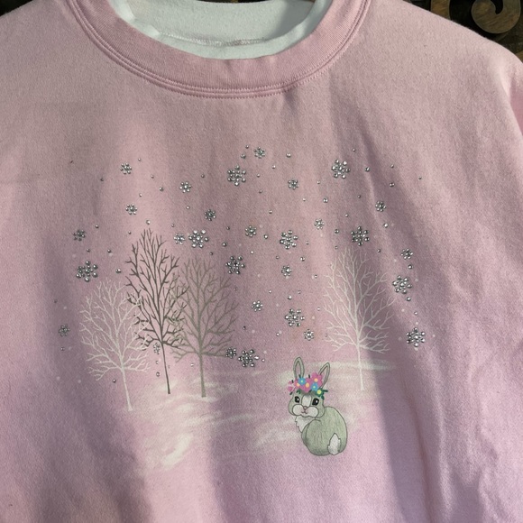 Bunny Novelty Sweatshirt Vtg 90s Pink L Embellished Bedazzled Grandmacore - Picture 11 of 16